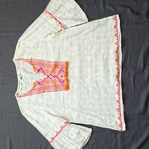 Jade White Blouse with Orange and Pink Embroidery